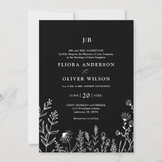 Enkelt minimalistiskt Wildblomma Black Bröllop Inbjudningar