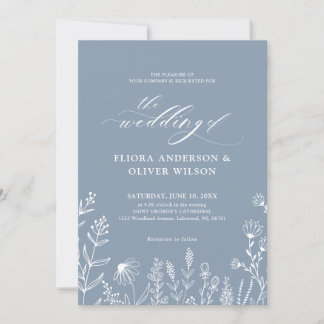 Enkelt minimalistiskt Wildblomma Dusty Blue Bröllo Inbjudningar