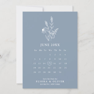 Enkelt minimalistiskt Wildblomma Dusty Blue Bröllo Spara Datumet