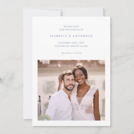 Enkelt, minimalt blått två foto Bröllop Spara Datumet