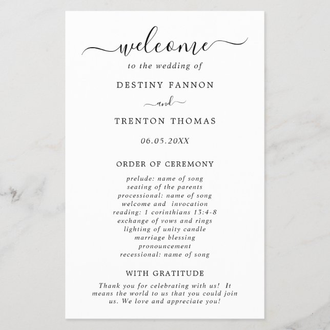 Enkelt minimalt budgetBröllopsprogram Flygblad (Framsidan)