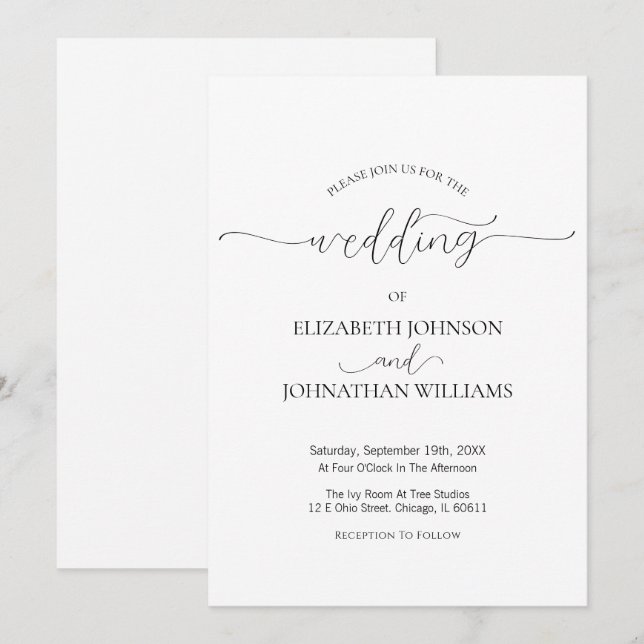 Enkelt, minimalt skript, svart och vit Bröllop Inbjudningar (Fram/baksida)