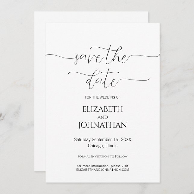 Enkelt, minimalt skript, svart och vit Bröllop Spara Datumet (Fram/baksida)