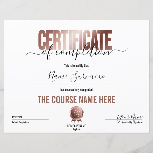 Enkelt minimicertifikat för slutförande (Framsida)