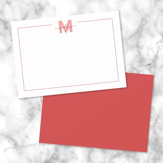 Enkelt minimum Red Namn Monogram Anteckningskort (Simple Minimalist Red Name Monogram Note Card)