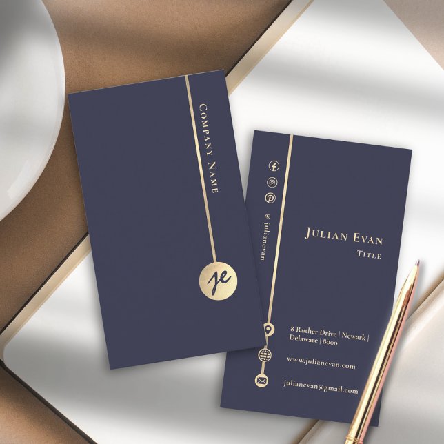 Enkelt minsta lilla Elegant, marinblått och Guld Visitkort (Simple Minimal Monogram Elegant Navy Blue & Gold Business Card)