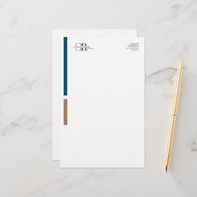 Enkelt Modern Blue Guld Monogram Brevpapper (Fram/Back In Situ)