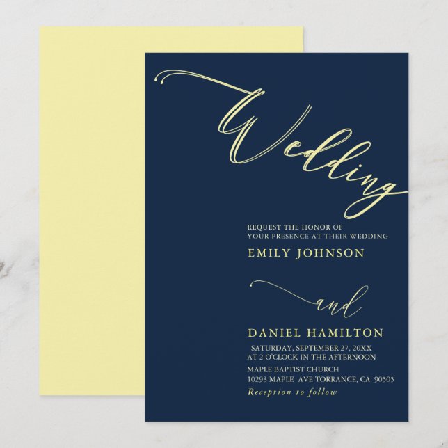 Enkelt Modern Gult Grått Navy Calligraphy Bröllop Inbjudningar (Fram/baksida)