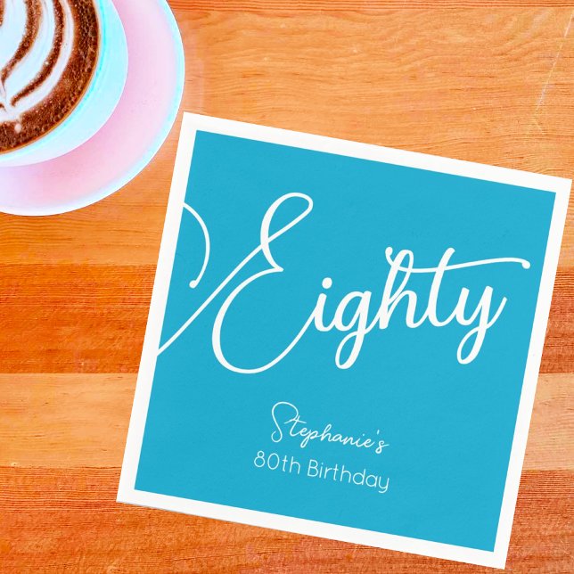 Enkelt Modern skript Aqua Blue 80:e Födelsedagsfes Pappersservett (Skapare uppladdad)