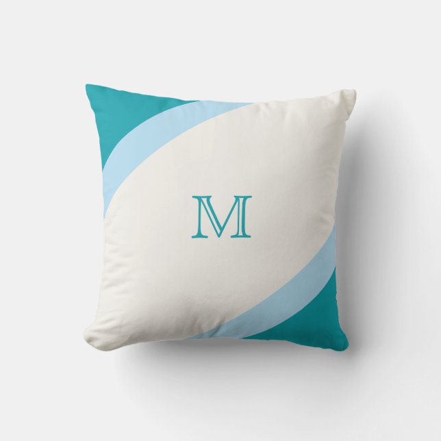 Enkelt Modern Teal Blue Stripe Monogram Kudde (Framsida)