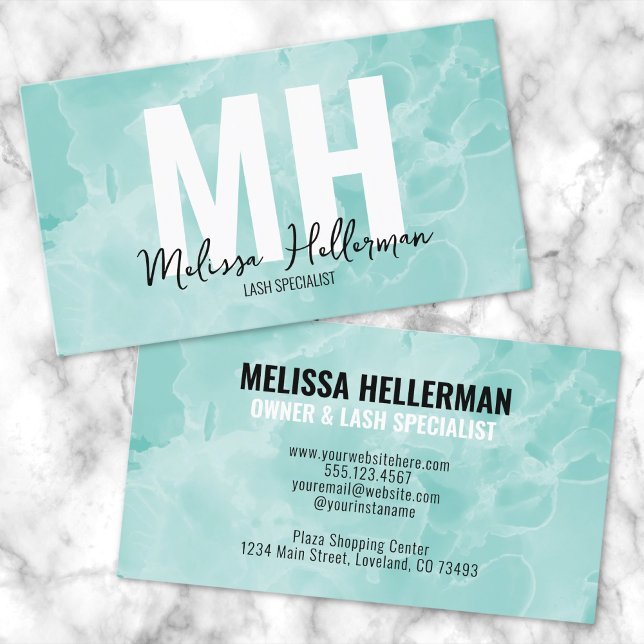 Enkelt Modern Teal Monogram Visitkort (Simple Modern Watercolor Teal Monogram Business Card)