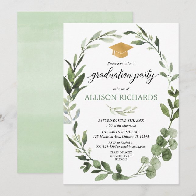 Enkelt modernt guld för studentfestgrönskagrönt inbjudningar (Fram/baksida)