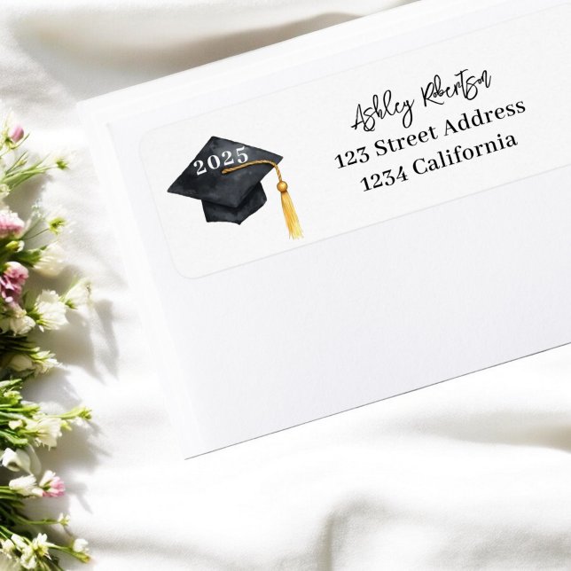 Enkelt modernt karl, vattenfärg studenten returadress etikett (Simple modern Cap tassel watercolor graduation Label)