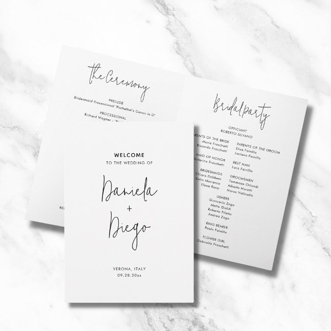 Enkelt modernt, minimalistiskt, mappat Bröllopspro Program (Simple, modern, minimalist, folded wedding program in classic black and white)