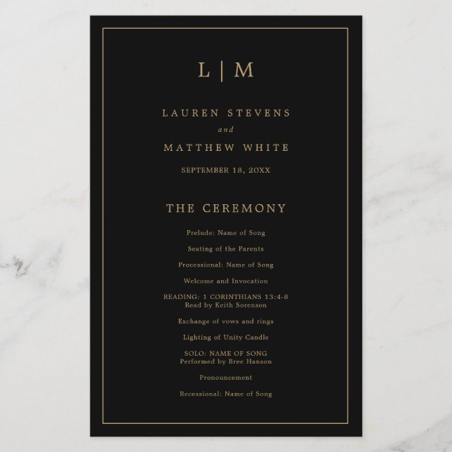 Enkelt Monogram Black Guld-budgetBröllopsprogram Flygblad (Framsidan)