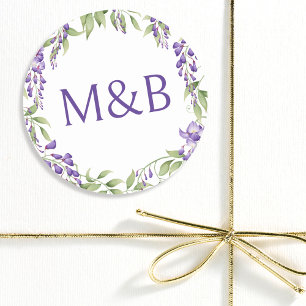Enkelt monogram Elegant Lila Blommigt Bröllop Runt Klistermärke