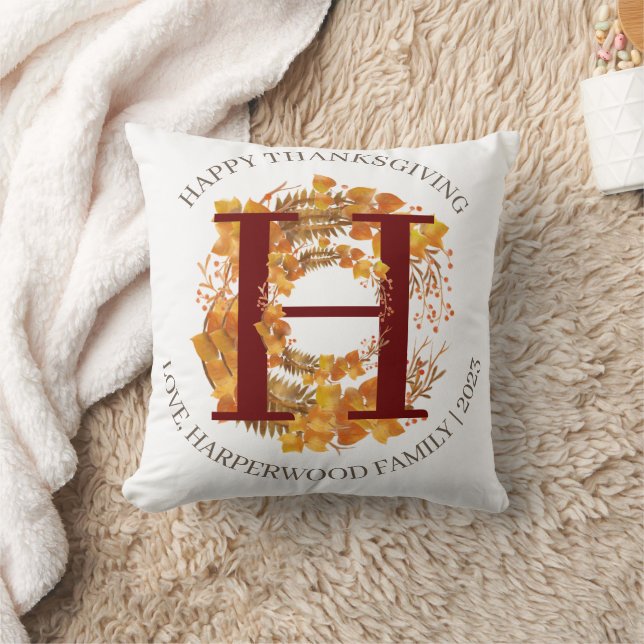 Enkelt Monogram Fall Harvest Happy thanksgiving Kudde (Filt)