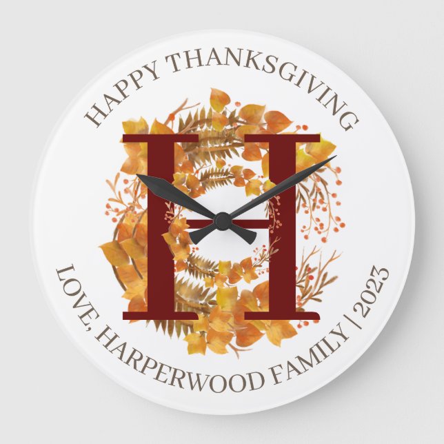 Enkelt Monogram Fall Harvest Happy thanksgiving Stor Klocka (Framsida)