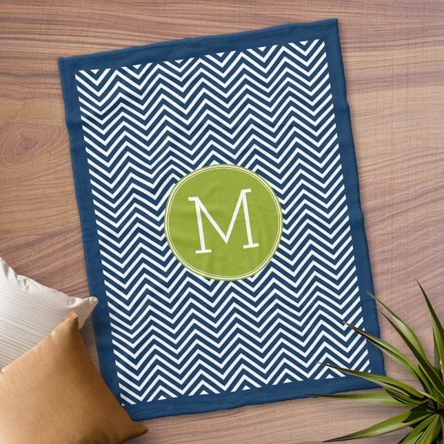 Enkelt monogram för marin blå och limgrön ost fleecefilt (Personalized Fleece Blanket)