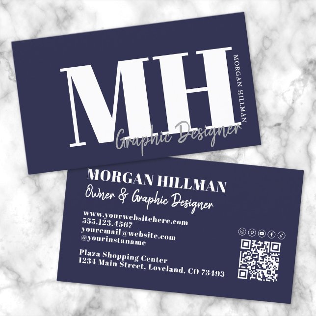 Enkelt monogram för marin blå QR-kod Visitkort (Navy Blue QR Code Simple Monogram Business Card )