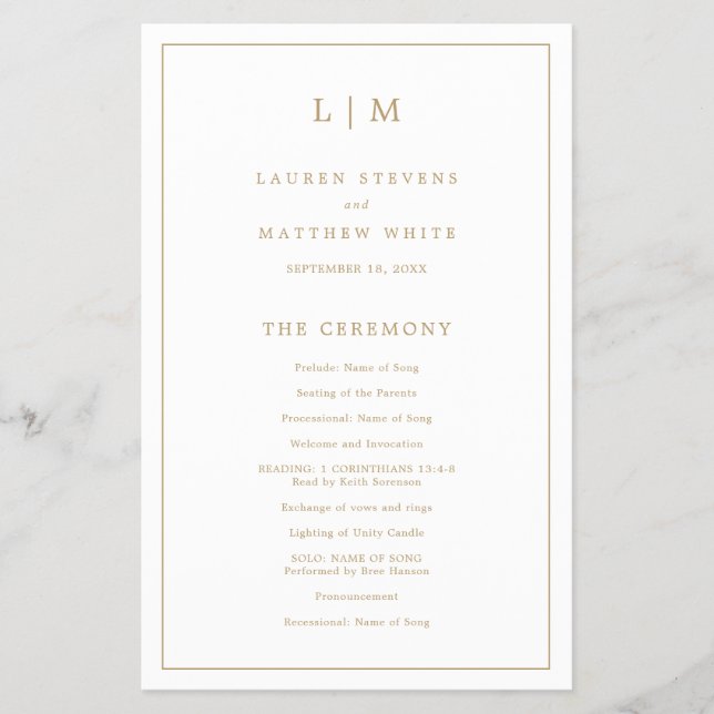 Enkelt Monogram Guld-budgetBröllopsprogram Flygblad (Framsidan)