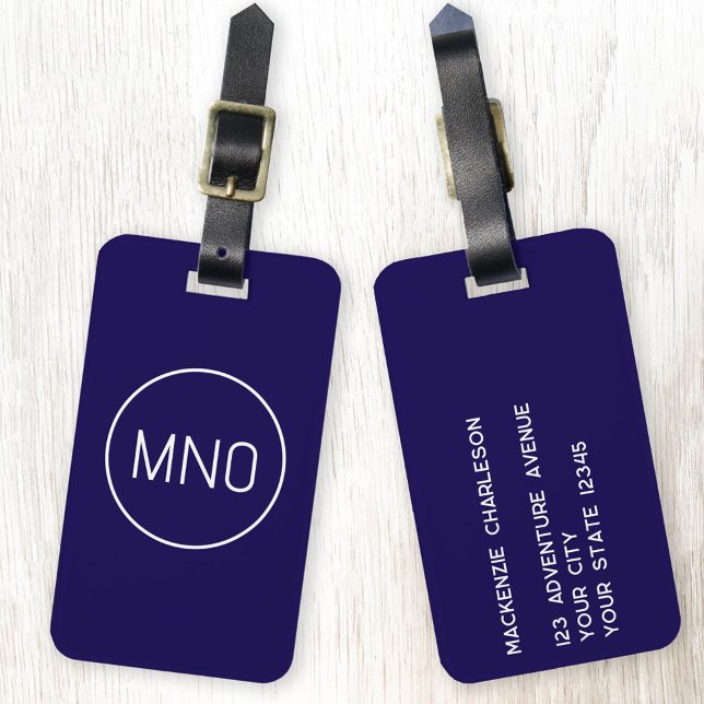 Enkelt monogram Initialer minimalistiskt marinblåt Bagagebricka (Modern simple monogram initials personalized custom luggage tag in navy blue and white)