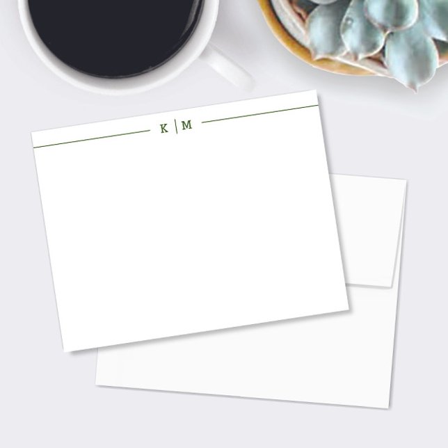 Enkelt Monogram med Forest Grönt Linjer Anpassning Anteckningskort (Skapare uppladdad)