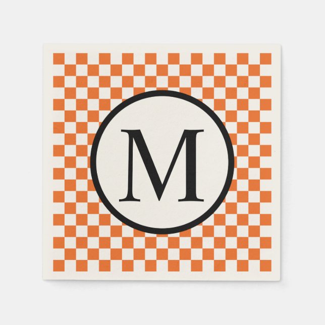 Enkelt monogram med Orange Checkerboard Pappersservett (Framsidan)
