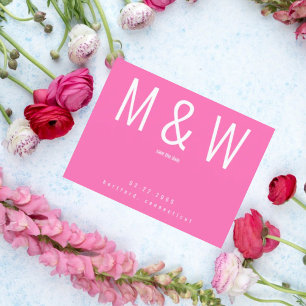 Enkelt Monogram Shock rosa Bröllop spara datum II Meddelande Vykort