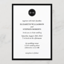 Enkelt Monogram | Svartvit Bröllop Inbjudningar