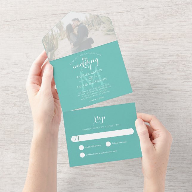 Enkelt Monogram Teal Photo Bröllop (Tearaway)