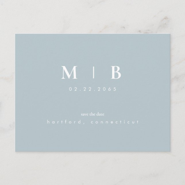Enkelt monogram vinterblått Spara datum QR Vykort (Framsida)