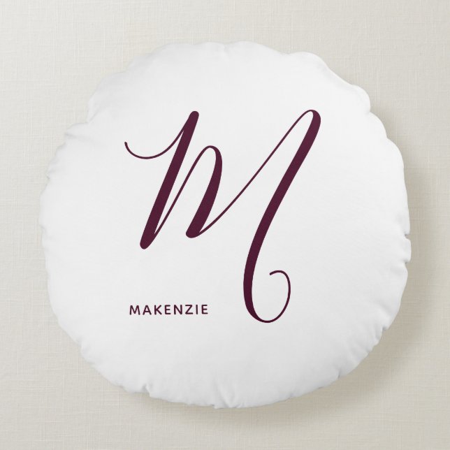 Enkelt Monogrammed Burgundy Brev M White Rund Kudde (Framsidan)