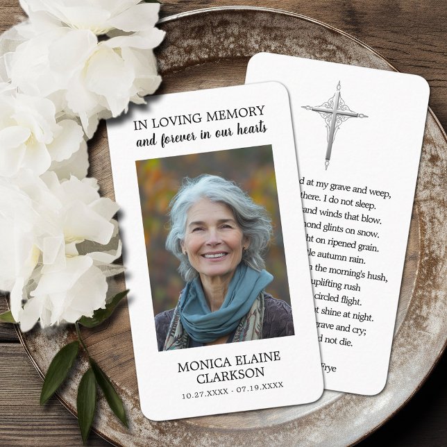 Enkelt mönsterkort för funktionsminnesanteckning visitkort (Simple funeral memorial photo prayer cards with a cross and poem on the back (can be changed))