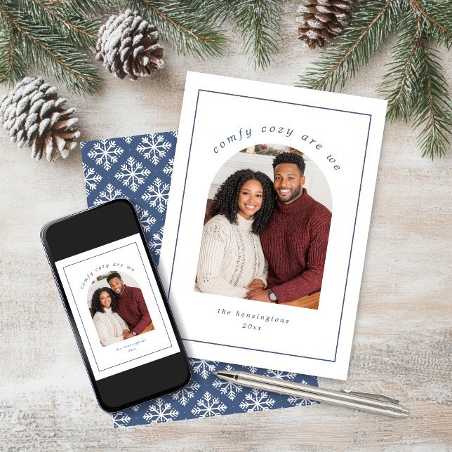 Enkelt Mysigt blåvitblått julfoto Julkort (Simple Cozy Blue White Snowflake Christmas Photo Holiday Card)