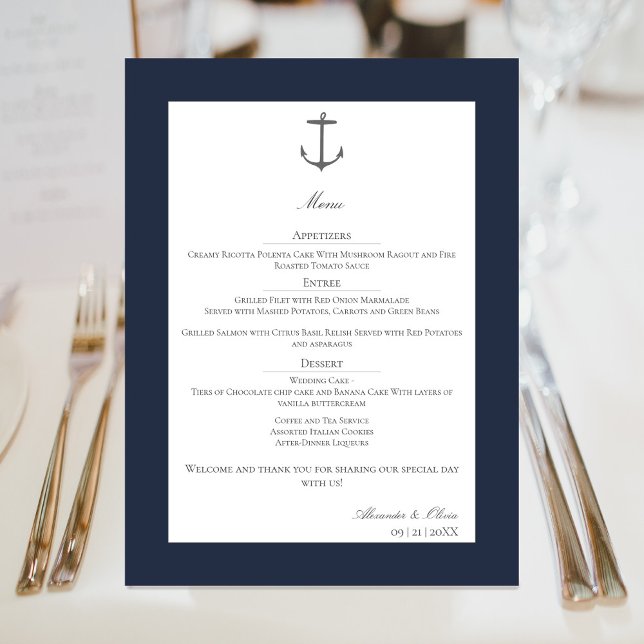 Enkelt Nautical Anchor Bröllop | Blåblå marin Meny (Navy Simple Nautical Anchor Wedding Menu)