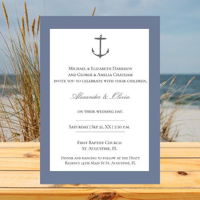 Enkelt Nautical Anchor Bröllop | Dusty Blue Inbjudningar (Dusty Blue Simple Nautical Anchor Wedding Invitation)