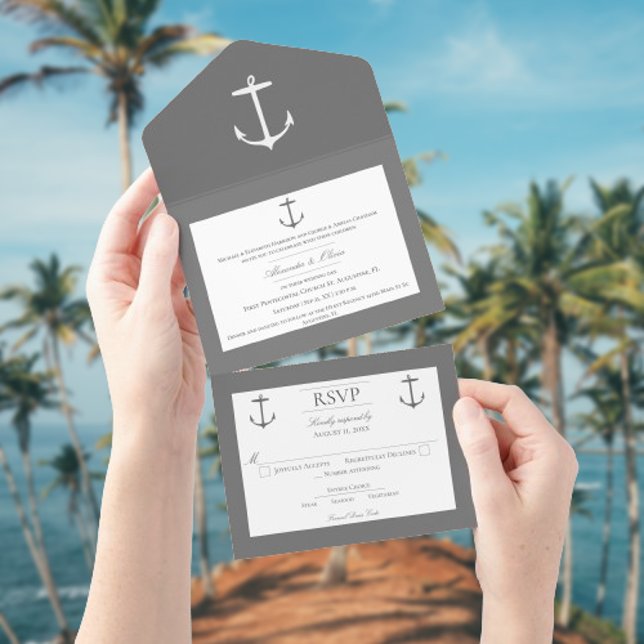 Enkelt Nautical Anchor Bröllop | GRÅTT (Gray Nautical Anchor Wedding All in One Invitation)