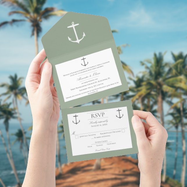 Enkelt Nautical Anchor Bröllop | GRÖNT (Sage Green Nautical Anchor Wedding All in One Invitation)