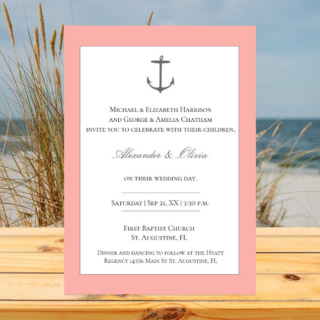 Enkelt Nautical Anchor Bröllop | Korall Inbjudningar (Coral Simple Nautical Anchor Wedding Invitation)