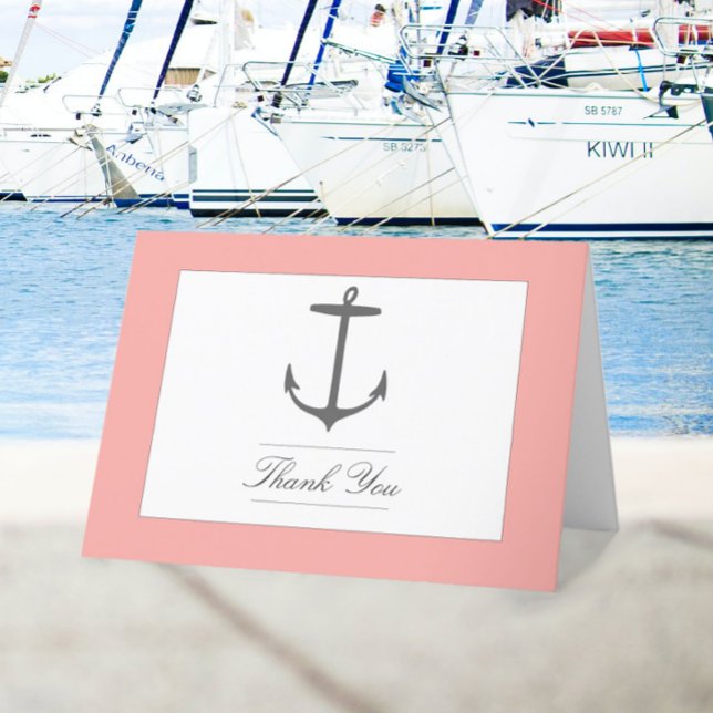Enkelt Nautical Anchor Bröllop | Korall Tack Kort (Coral Simple Nautical Anchor Wedding Thank You Card)