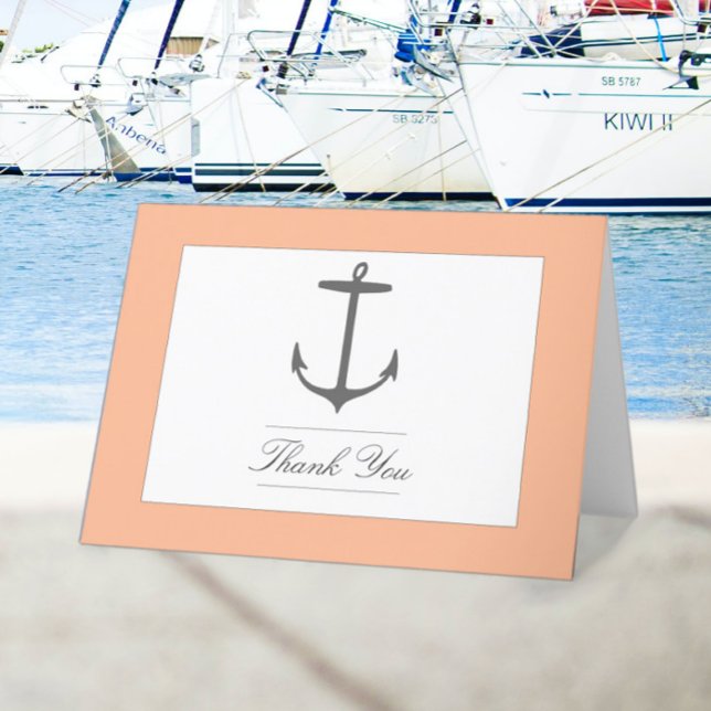 Enkelt Nautical Anchor Bröllop | Persikor Tack Kort (Peach Fuzz Simple Nautical Anchor Wedding Thank You Card)