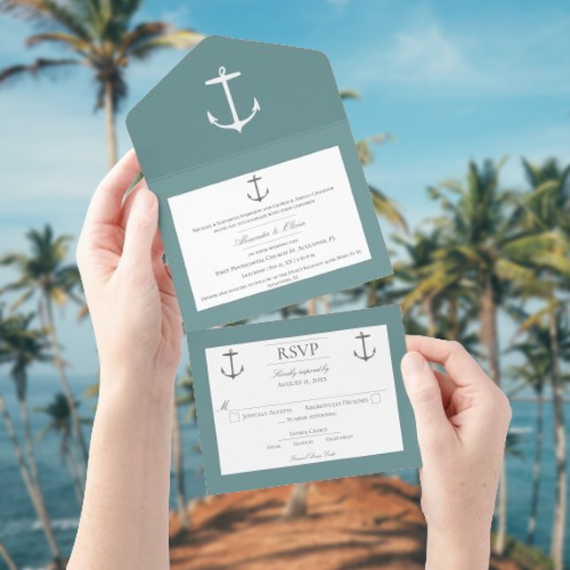 Enkelt Nautical Anchor Bröllop | Teal (Teal Nautical Anchor Wedding All in One Invitation)