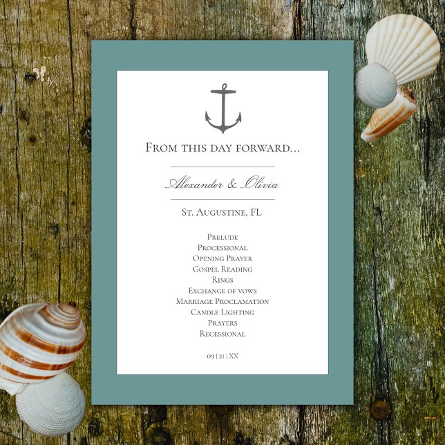 Enkelt Nautical Anchor Bröllop | Teal Program (Teal Simple Nautical Anchor Wedding Program)
