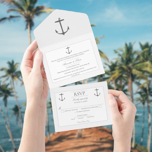Enkelt Nautical Anchor Bröllop | Vit (White Nautical Anchor Wedding All in One Invitation)