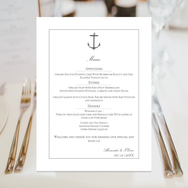Enkelt Nautical Anchor Bröllop | Vit Meny (White Simple Nautical Anchor Wedding Menu)