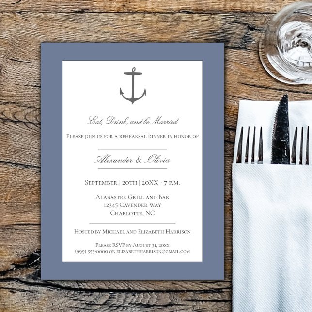 Enkelt nautiskt ankarrehearsal Dinner Dusty Blue Inbjudningar (Dusty Blue Simple Nautical Anchor Rehearsal Dinner Invitation)