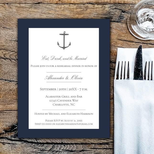 Enkelt nautiskt ankarrehearsal Dinner Navy Blue Inbjudningar (Navy Simple Nautical Anchor Rehearsal Dinner Invitation)