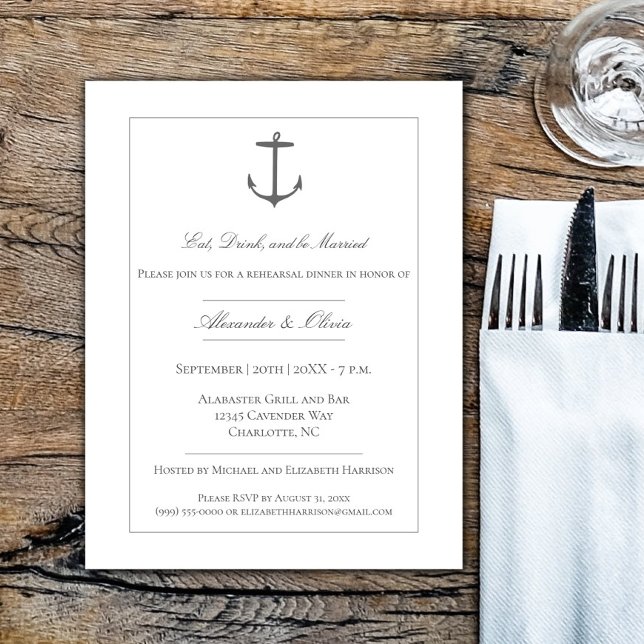 Enkelt nautiskt ankarrehearsal Middag | Vit Inbjudningar (White Simple Nautical Anchor Rehearsal Dinner Invitation)
