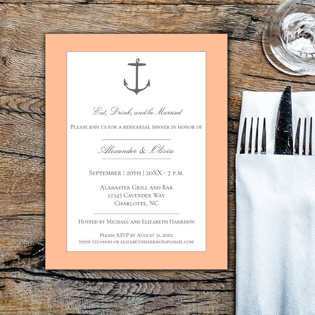 Enkelt nautiskt ankarrehearsal Middagspets Inbjudningar (Peach Fuzz Simple Nautical Anchor Rehearsal Dinner Invitation)